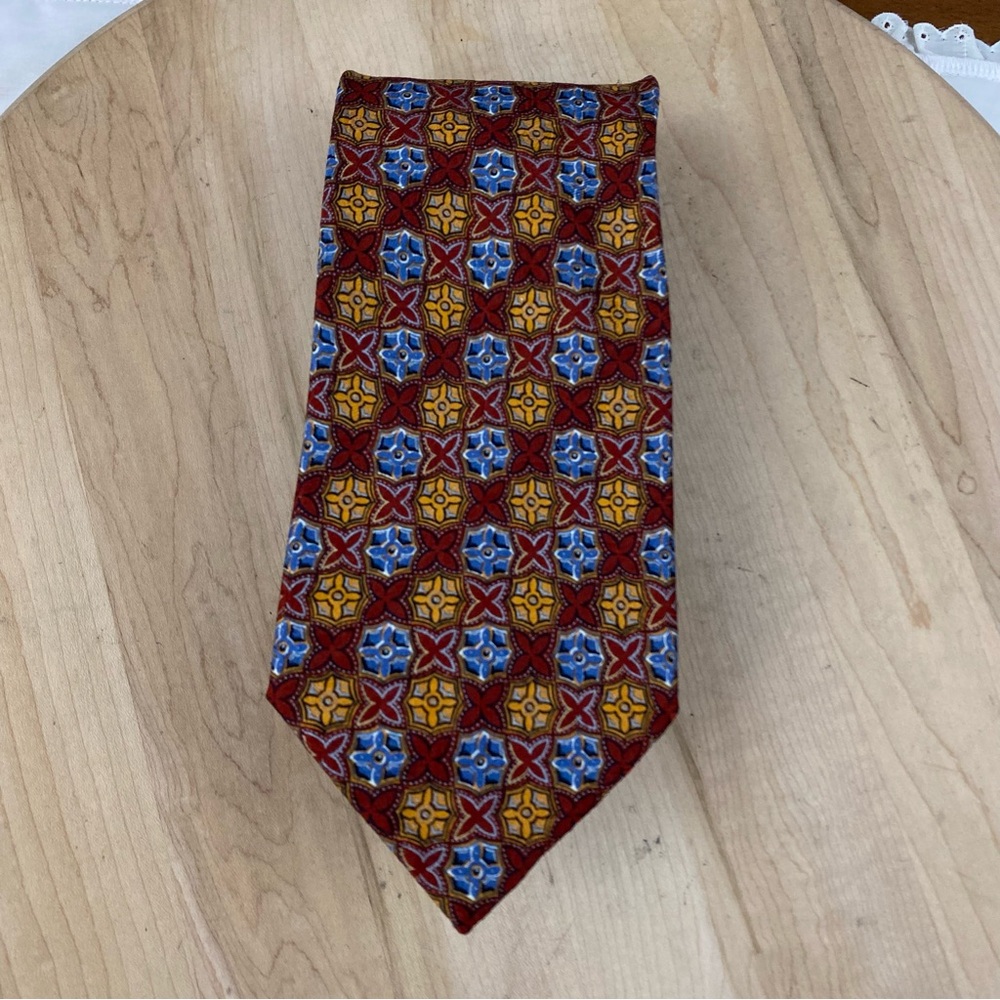 Ermenegildo Zegna Mens Tie Woven 100% Silk Red Blue‎  Geometric Abstract Print